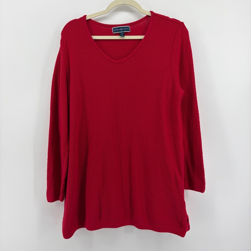 Karen Scott Red Textured V Neck Long‎ Sleeve Tunic Sweater Plus Size 1X